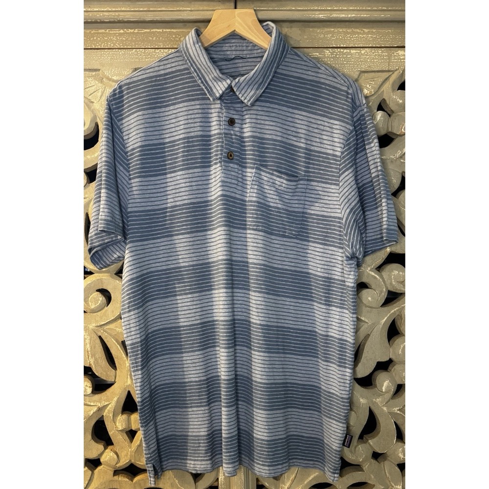 Patagonia Polo Shirt Men's Large Blue Stripe Hemp Organic Cotton Pocket